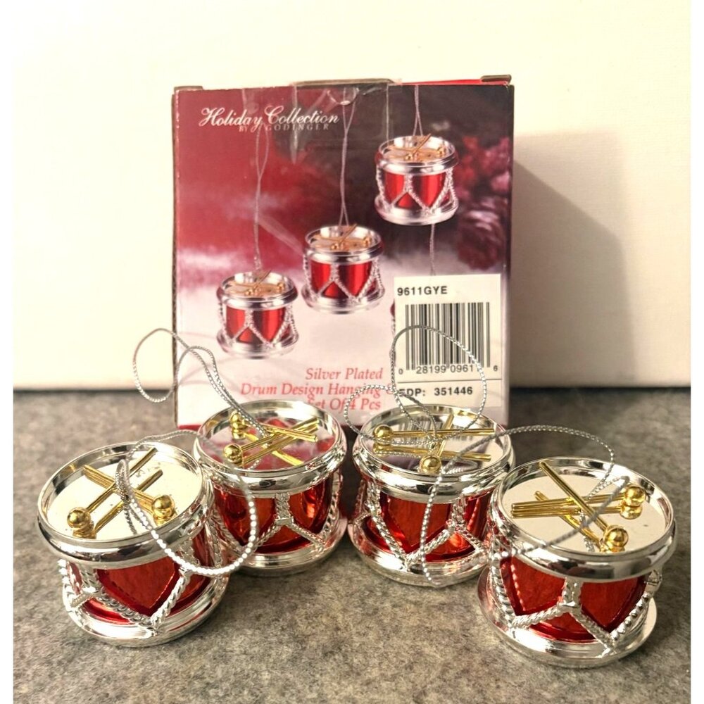2 Packages of 4 Silver Plated Godinger Drum Ornaments New In Box  # 3311